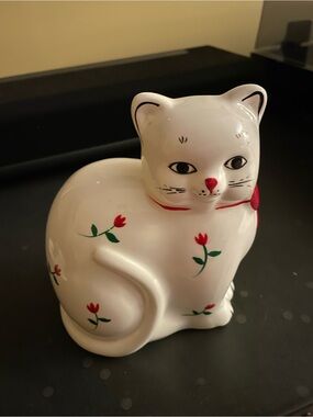 White Ceramic Cat Figurine with Red Floral Accent - Pets Cat